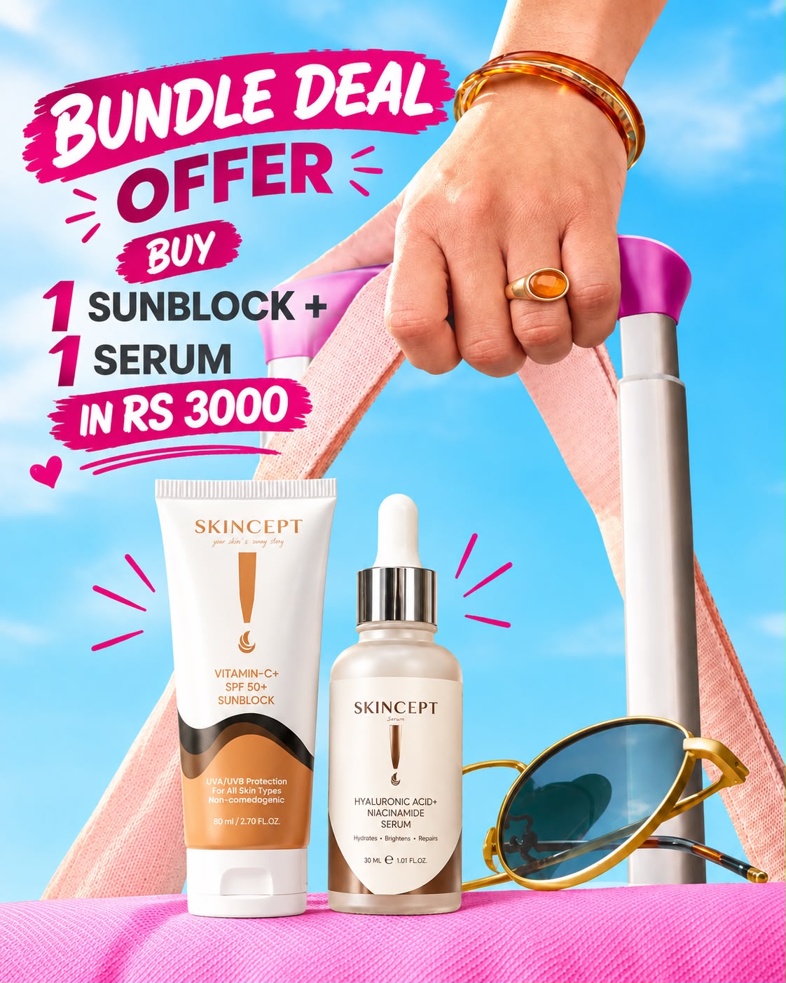 SKINCEPT Vitamin C SPF 50+ Sunblock & Hyaluronic Acid + Niacinamide Serum – Exclusive Bundle