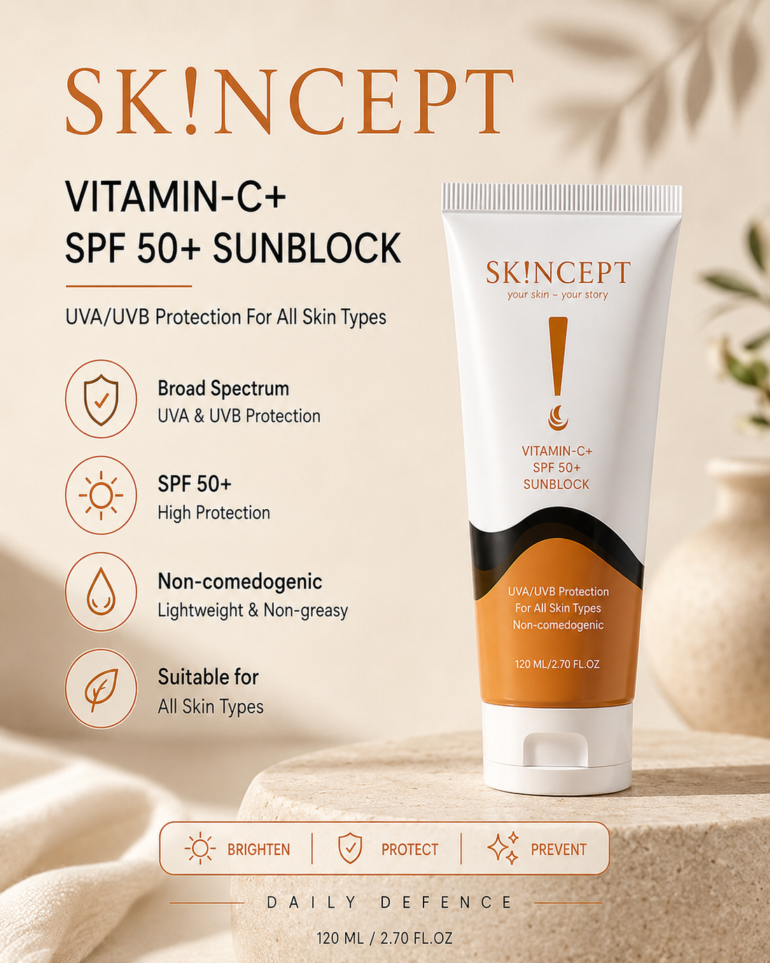 SKINCEPT Vitamin C SPF 50+ Sunblock &amp; Hyaluronic Acid + Niacinamide Serum – Exclusive Bundle