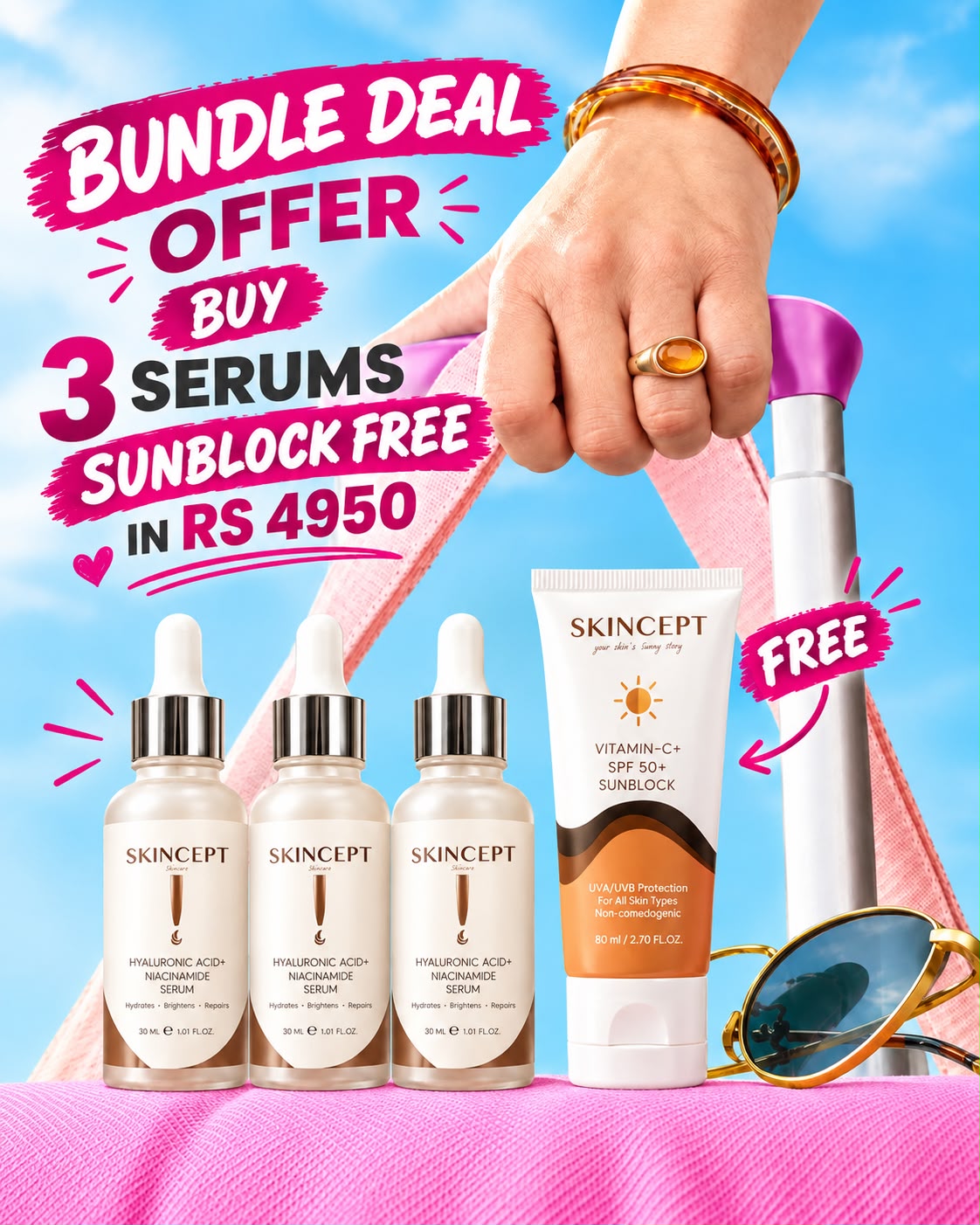 SKINCEPT Exclusive Skincare Bundle – Buy 3 Serums &amp; Get 1 Sunblock FREE